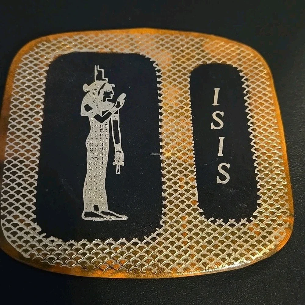 Vintage Egyptian Coasters Set of 6 Golden Leather with‎ Embossed Holder Bareware